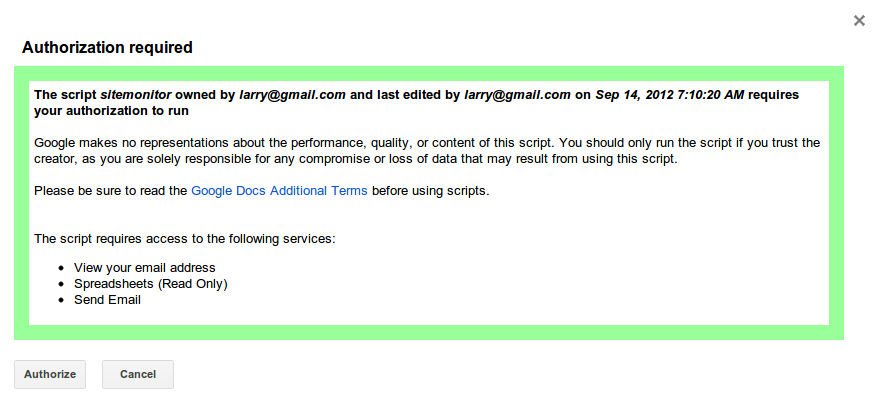 Google Apps Script Authorization Required