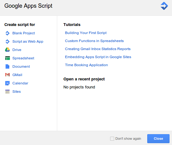 Google Apps Script Welcome Popup