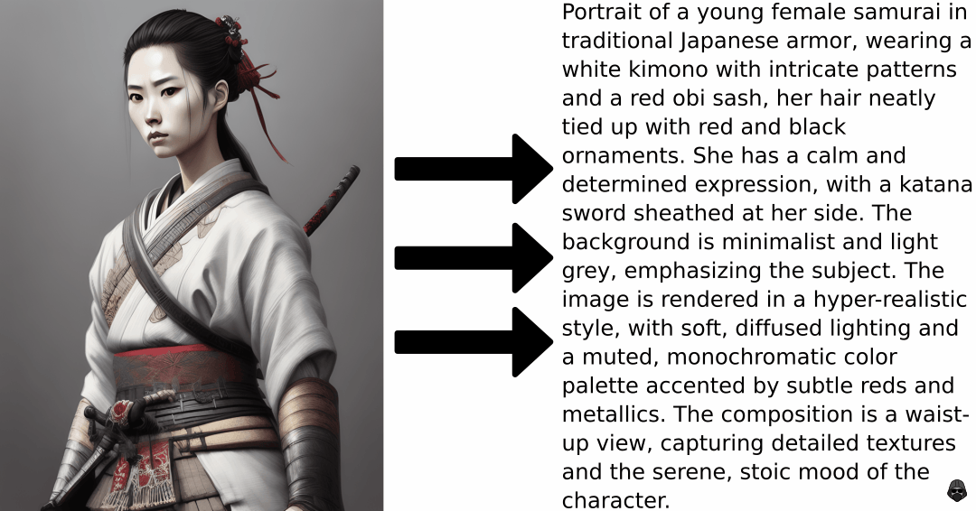 Portrait of a young female samurai in traditional Japanese armor, wearing a white kimono with intricate patterns and a red obi sash, her hair neatly tied up with red and black ornaments. She has a calm and determined expression, with a katana sword sheathed at her side. The background is minimalist and light grey, emphasizing the subject. The image is rendered in a hyper-realistic style, with soft, diffused lighting and a muted, monochromatic color palette accented by subtle reds and metallics. The composition is a waist-up view, capturing detailed textures and the serene, stoic mood of the character.