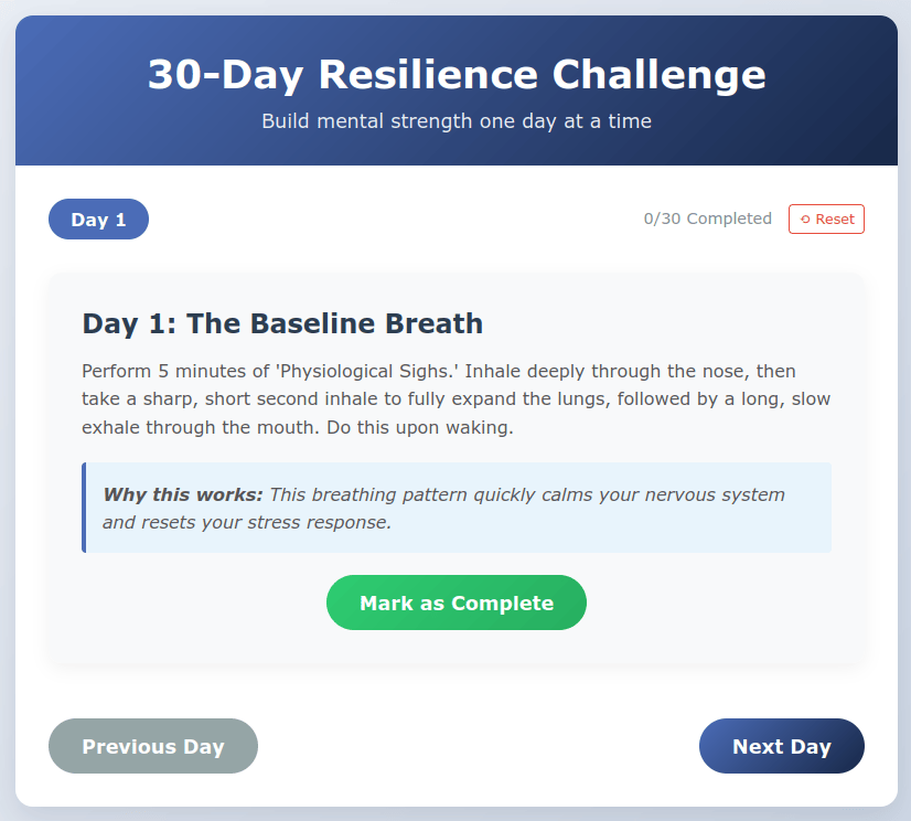 Resilience Challenge Example Screen